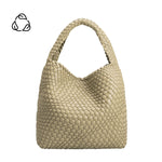 A large moss woven vegan leather shoulder bag.