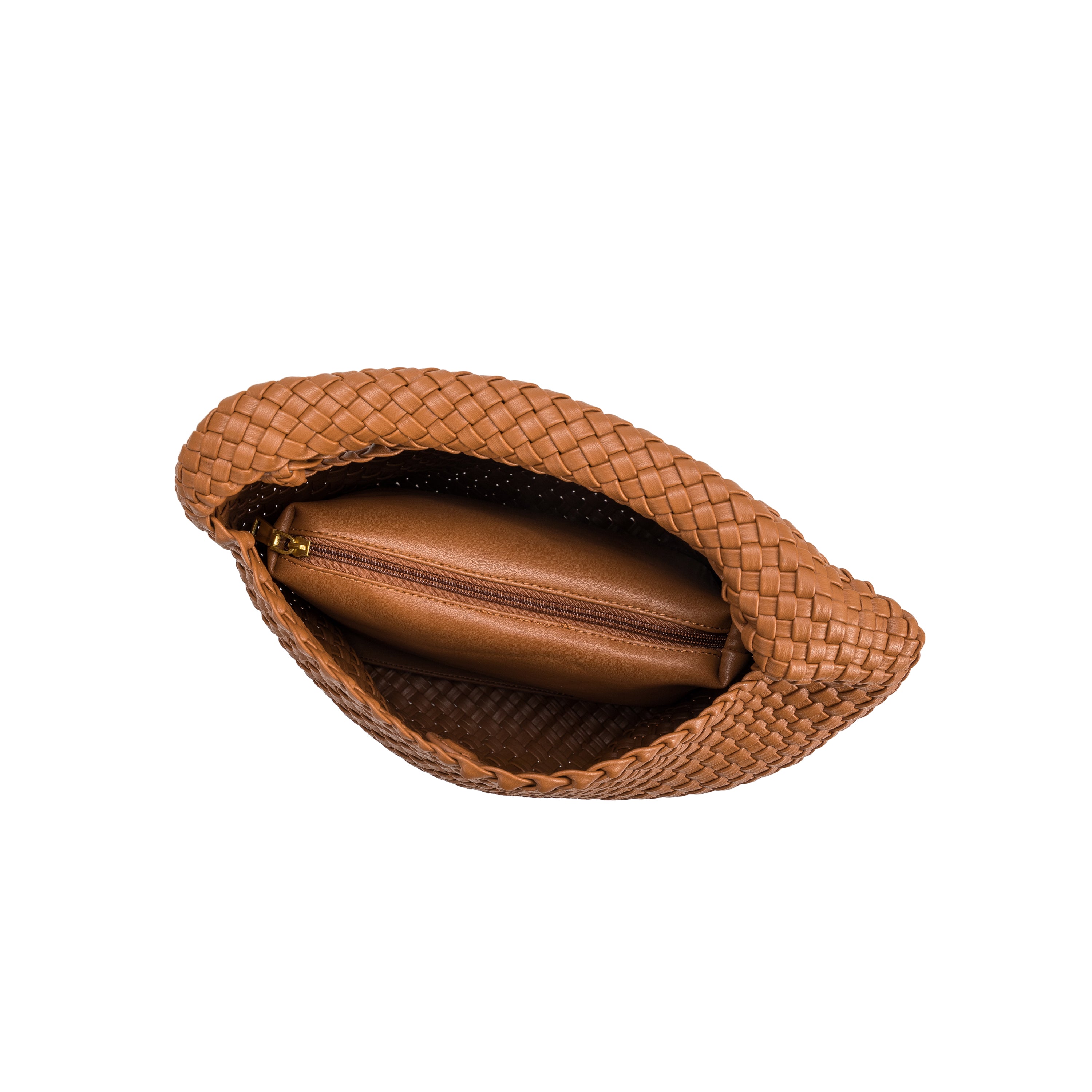 A large saddle woven vegan leather should bag with a zip pouch inside. 