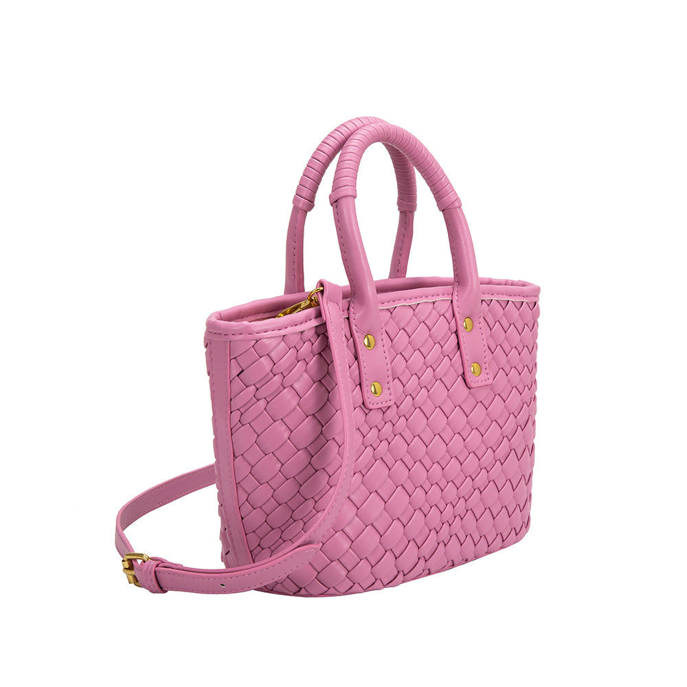 A small lilac woven vegan leather crossbody bag with a wrapped handle. 