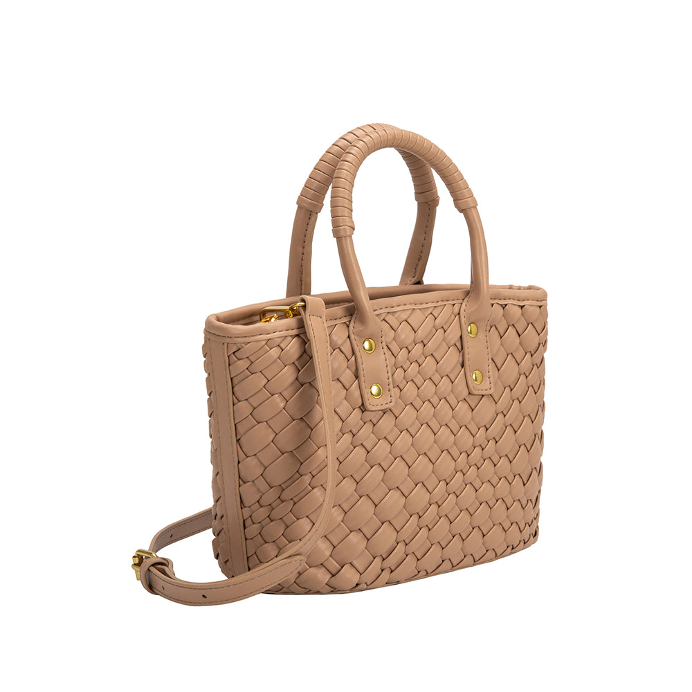 A small tan woven vegan leather crossbody bag with a wrapped handle. 