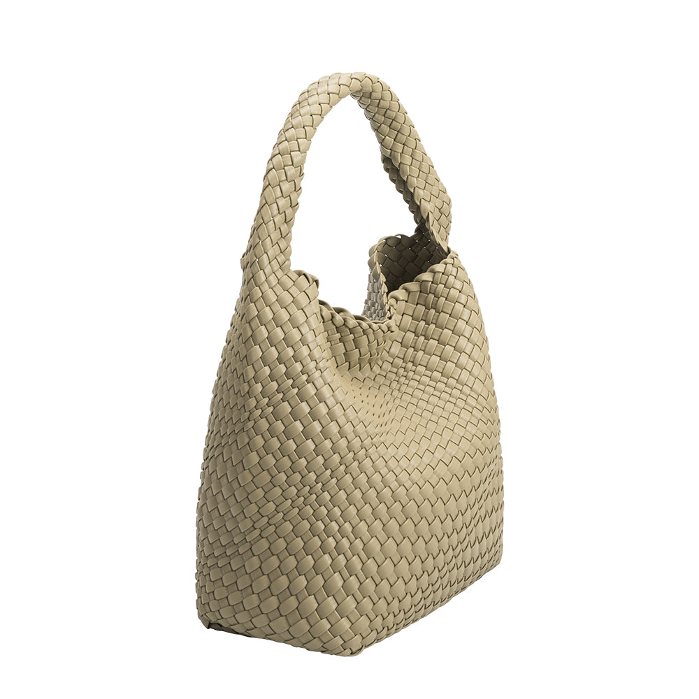 A large moss woven vegan leather shoulder bag.