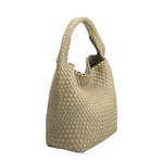A large moss woven vegan leather shoulder bag.