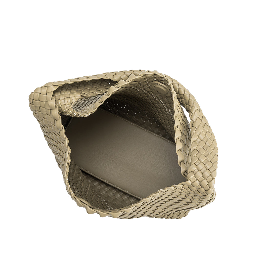 A large moss woven vegan leather shoulder bag