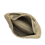 A large moss vegan leather shoulder bag with a zip pouch inside.