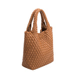 A small saddle woven recycled vegan leather tote bag with double handle.