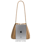 An Ipad size reference for a pleated vegan leather shoulder bag. 