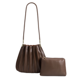 A  chocolate vegan leather pleated shoulder bag with zip pouch. 