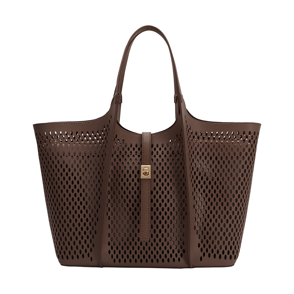 Malia Chocolate Laser Cut Vegan Leather Tote Bag