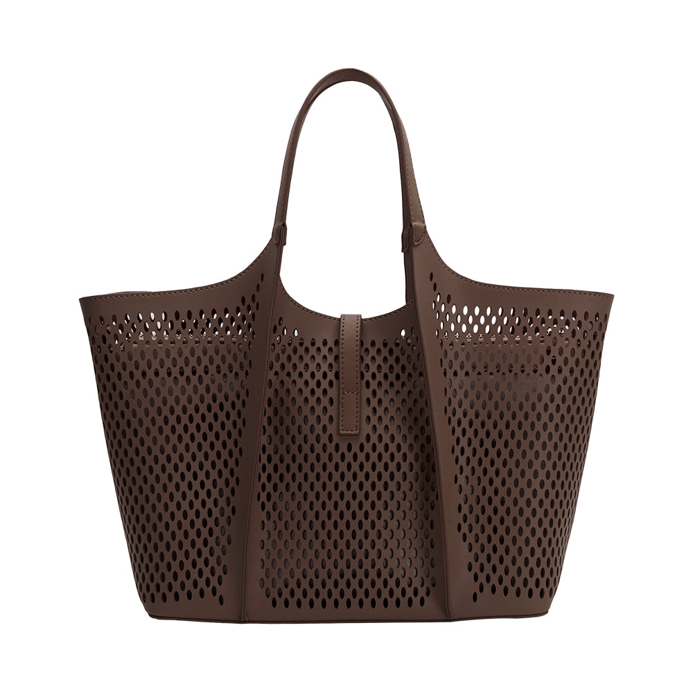 Chocolate Malia Laser Cut Vegan Leather Tote Bag | Melie Bianco