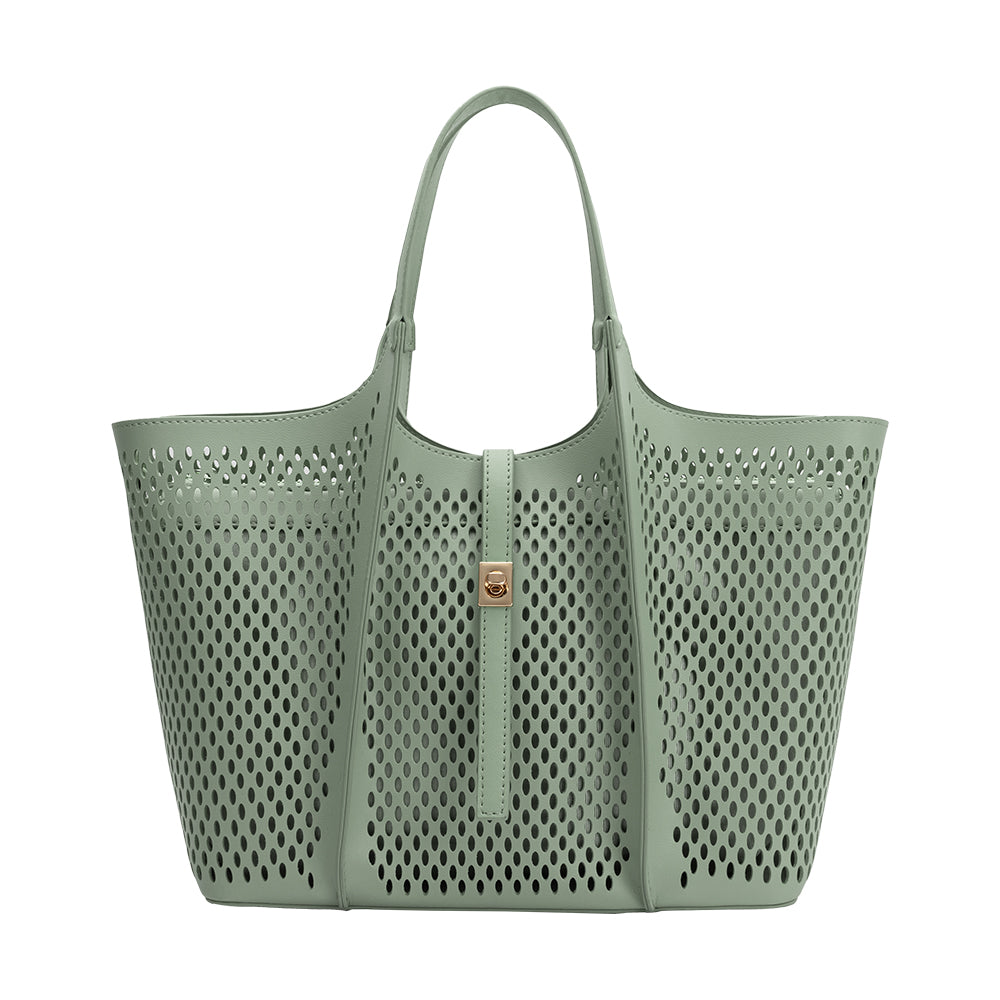 Malia Sage Laser Cut Vegan Leather Tote Bag