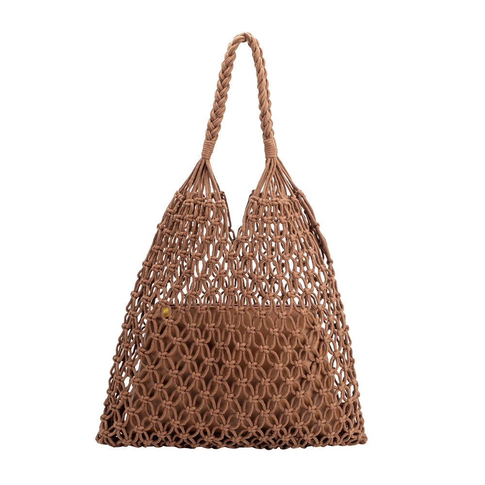 A medium chocolate crochet shoulder bag with a braided handle. 