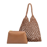 A medium chocolate crochet shoulder bag with a zip pouch.