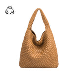 A large camel woven vegan leather shoulder bag.