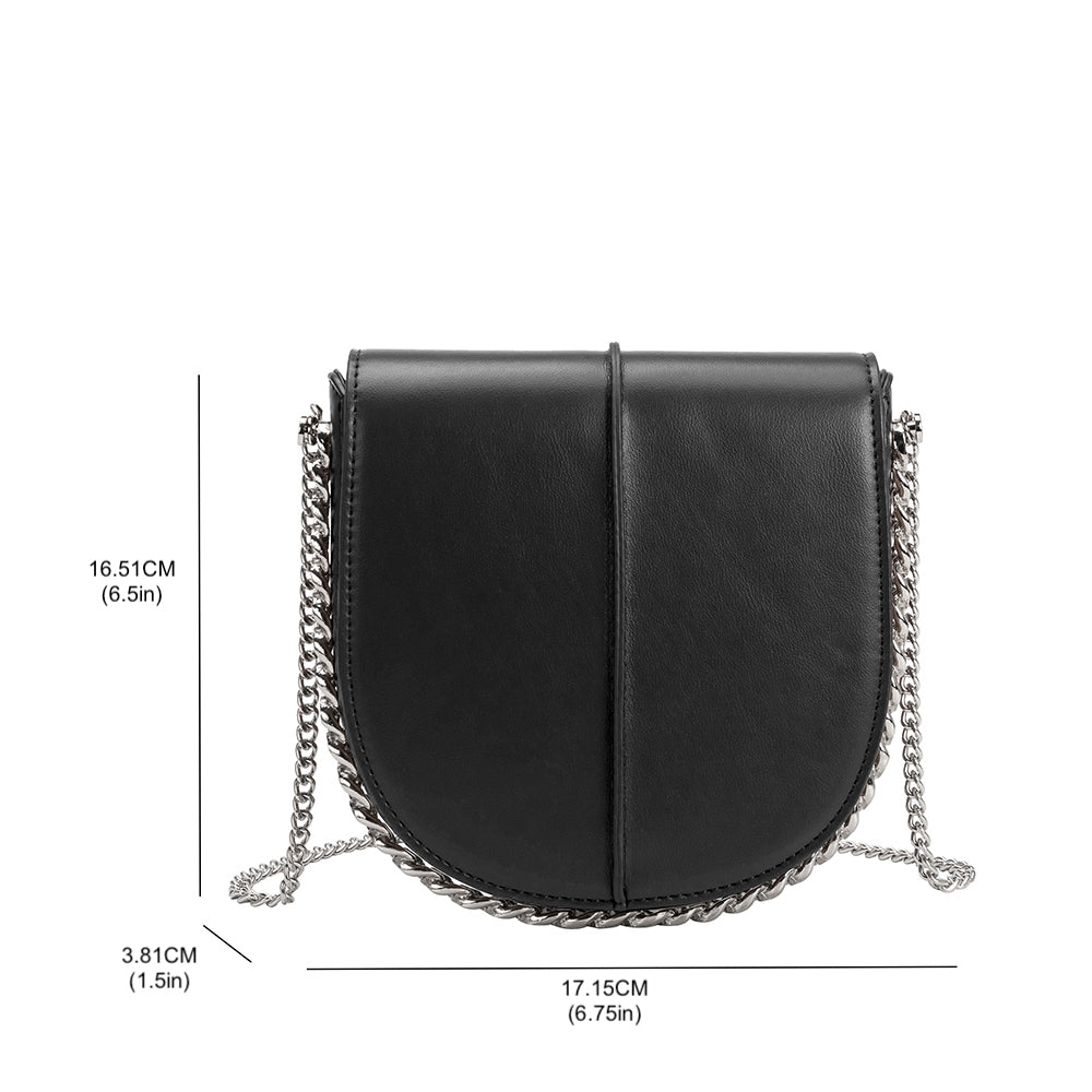 A black vegan leather crossbody handbag with silver handle.