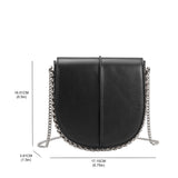 A black vegan leather crossbody handbag with measurements. 