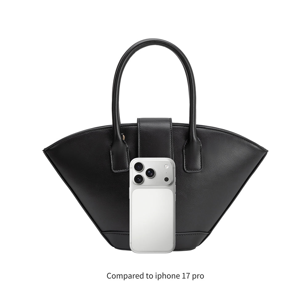 Black handbag compared to iPhone 17 Pro on a white background