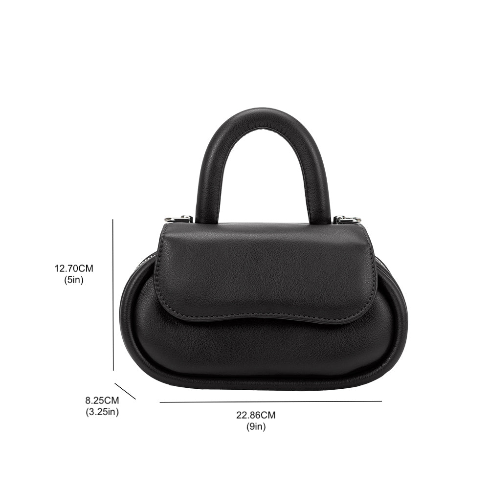 A measurement reference photo for a black oval shaped crossbody handbag. 