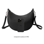 An iphone 14 pro size comparison image for a black crescent vegan leather crossbody bag with silver hardware. 