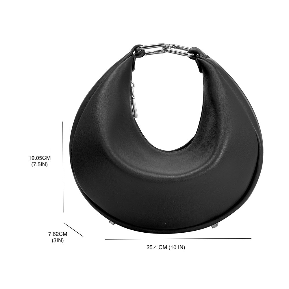 A measurement reference image for a black crescent vegan leather crossbody bag with silver hardware. 