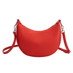 A red crescent vegan leather crossbody bag with silver hardware. 