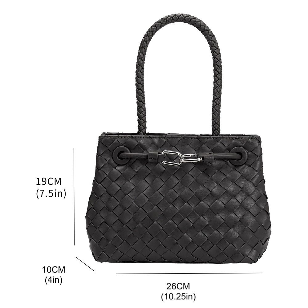 A measurement reference image for hand woven vegan leather crossbody bag with curved handle.