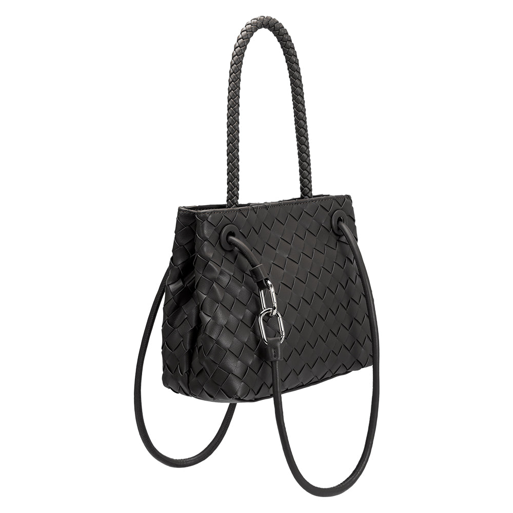 A black hand woven vegan leather crossbody bag with curved handle. 