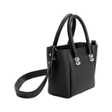 A black recycled vegan leather top handle bag with silver bubble hardware. 