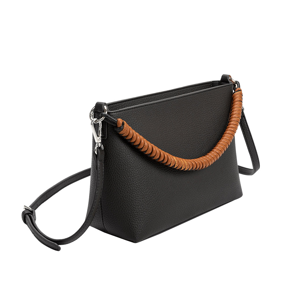 A small black recycled vegan leather crossbody bag with a woven strap.