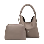 A taupe pebble vegan leather tote bag with a zip pouch.