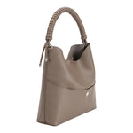 A taupe pebble vegan leather tote bag with a spiral handle .