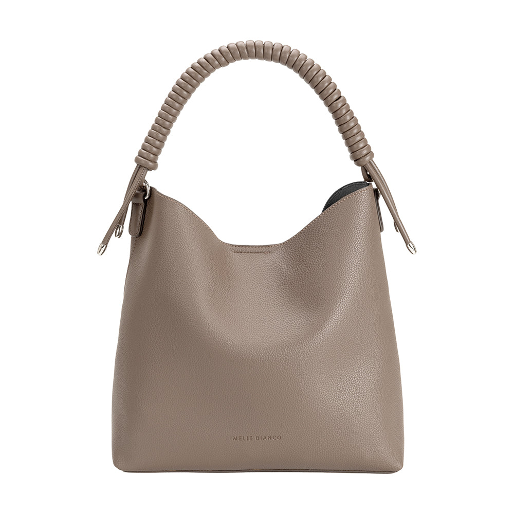 A taupe pebble vegan leather tote bag with a spiral handle. 