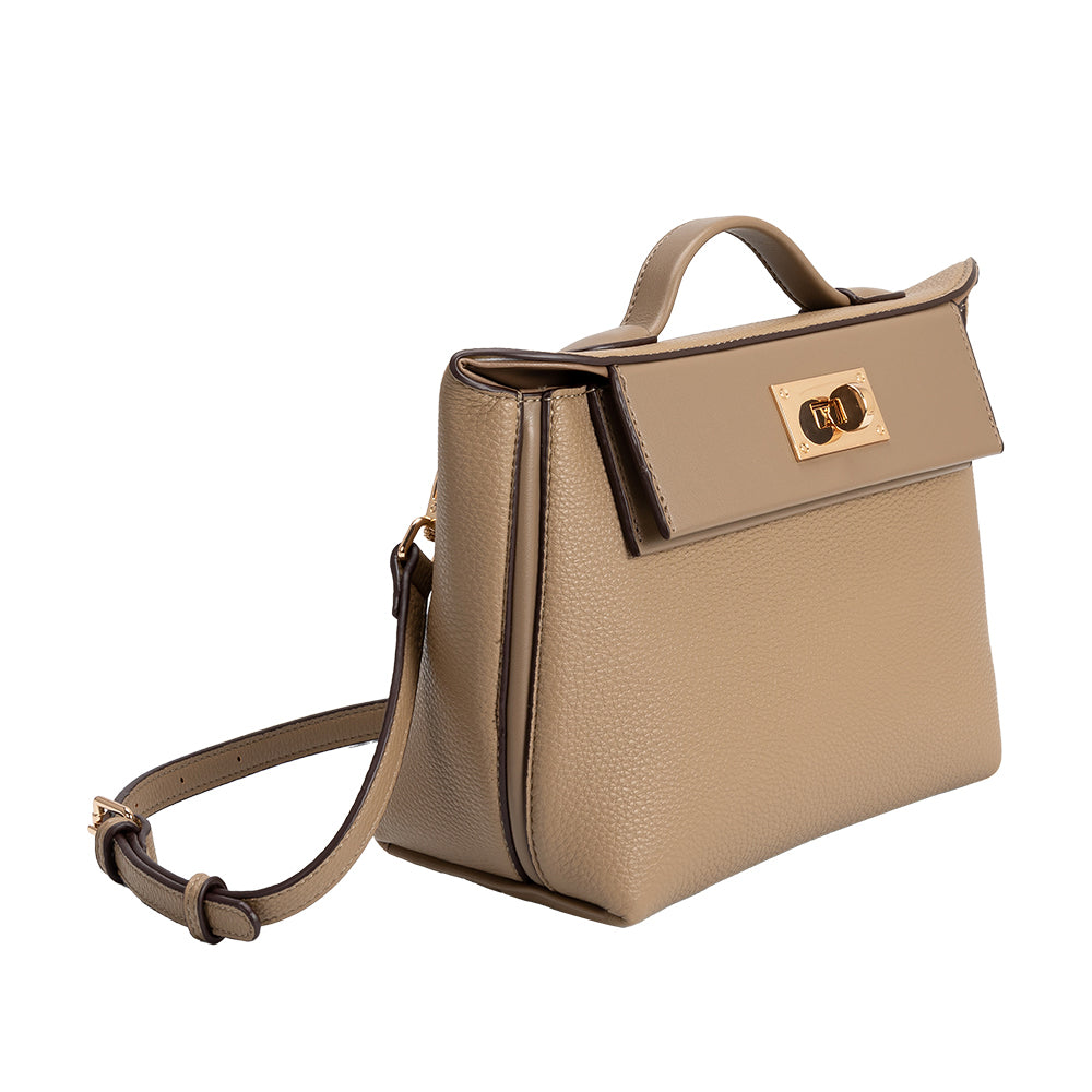 A medium taupe recycled vegan leather crossbody bag with gold hardware. 