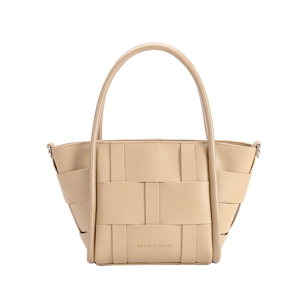 A small nude woven wide strap vegan leather tote bag with double handle. 
