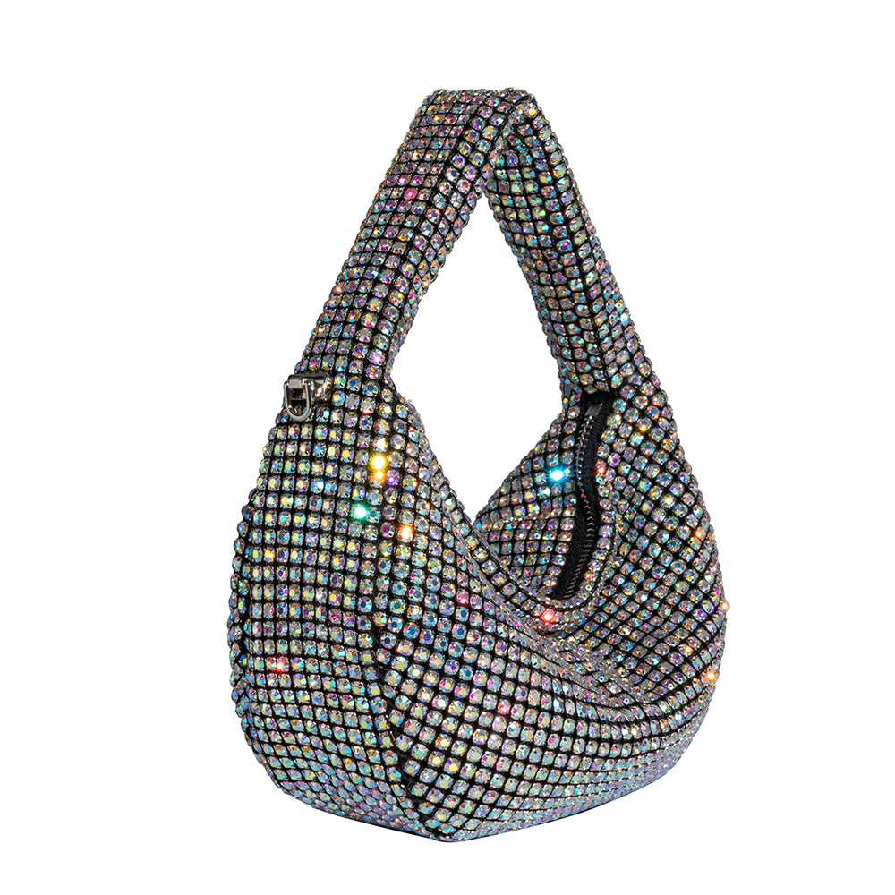 A small multi-colored crystal encrusted crossbody bag.