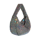 A small multi-colored crystal encrusted crossbody bag.