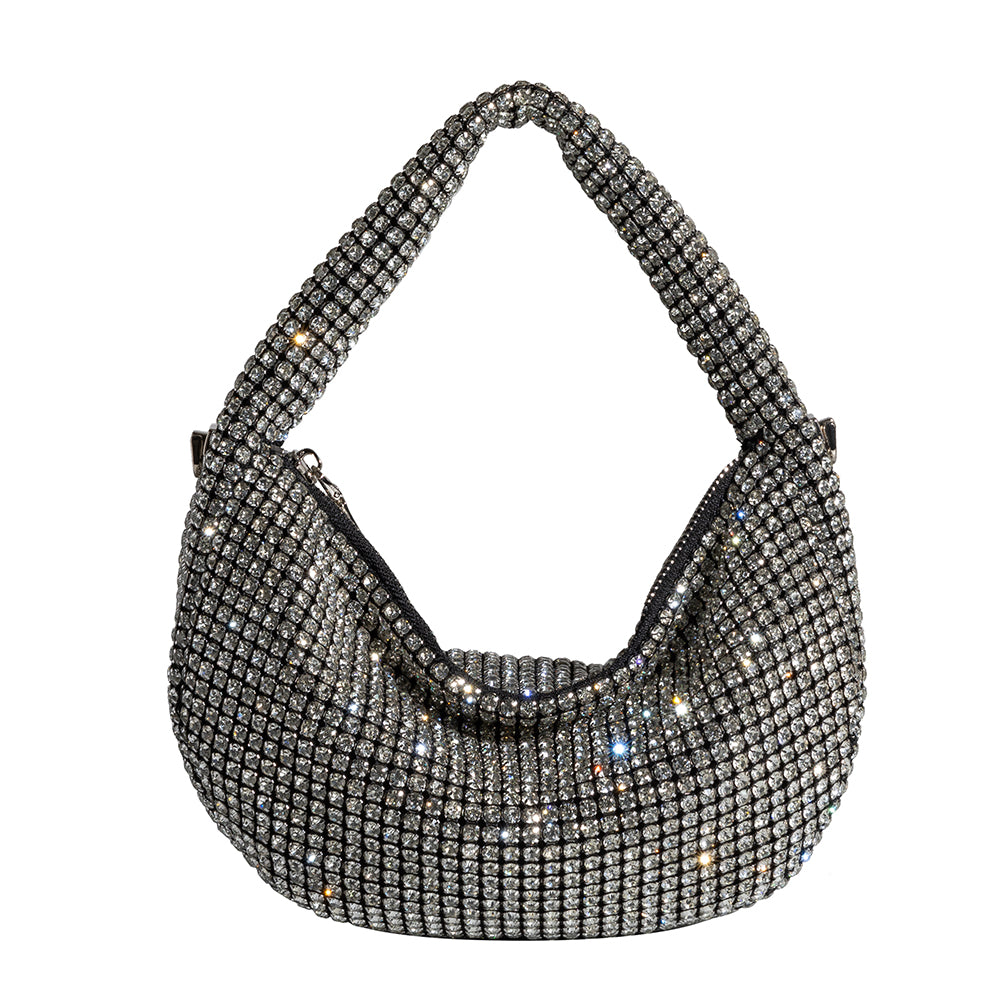 A small silver crystal encrusted crossbody bag.