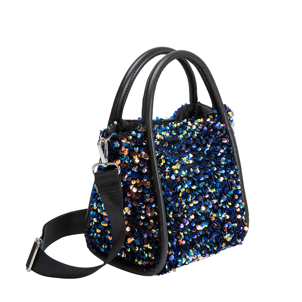 A velvet sequined black multicolored top handle bag.