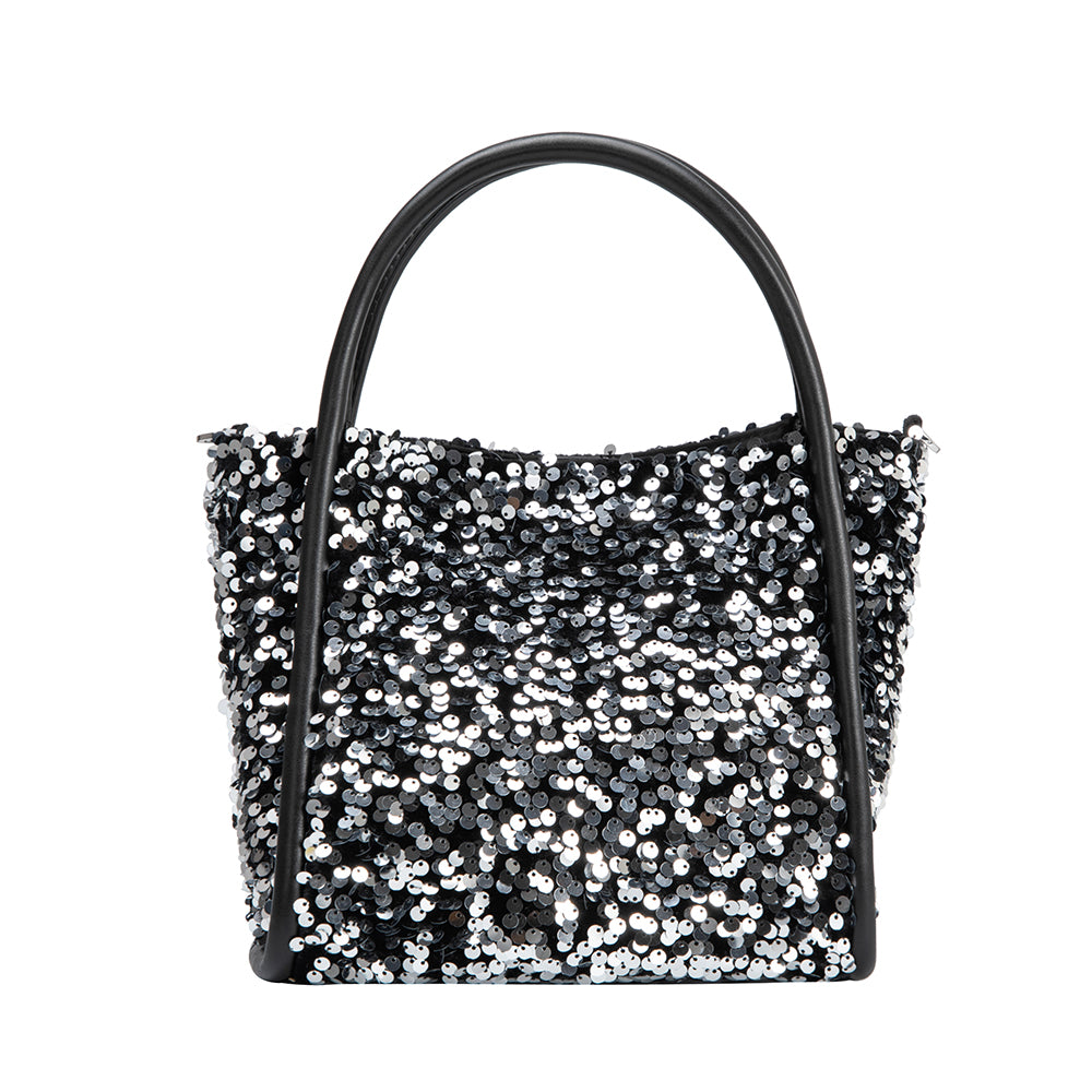 Silver Cassandra Small Sequin Top Handle Bag | Melie Bianco