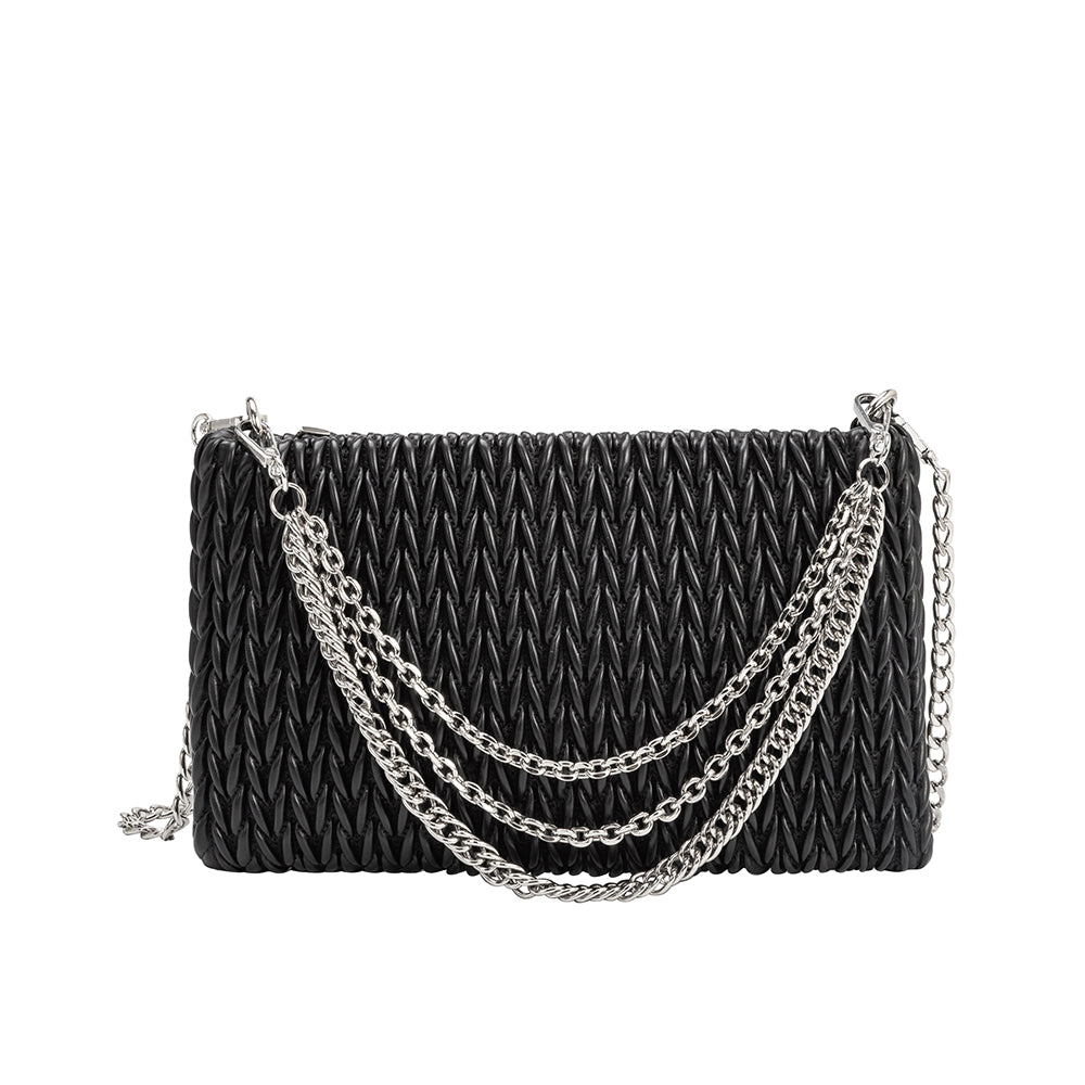 A small black quilted crossbody clutch with silver chain on the front. 