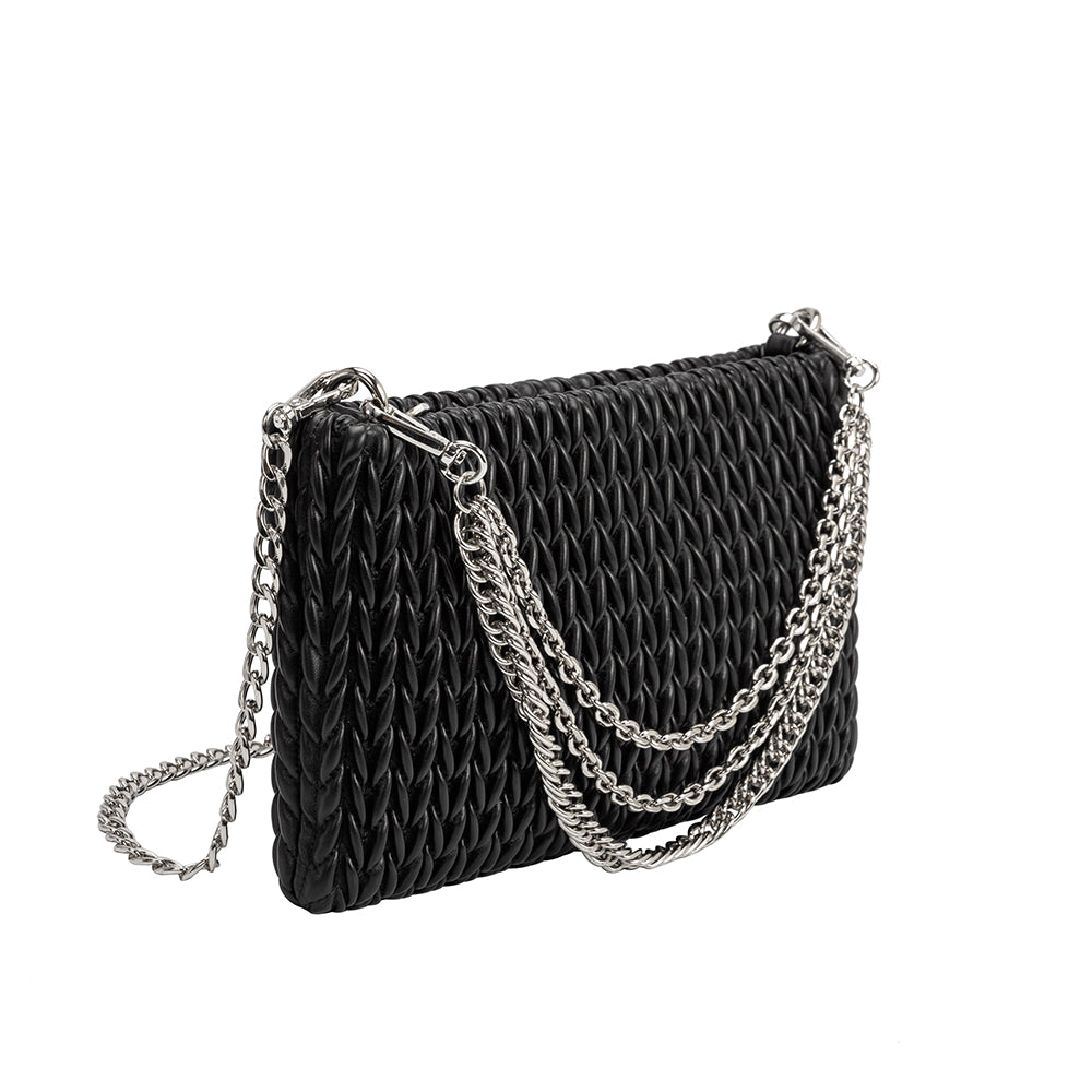 A small black quilted pattern crossbody clutch with silver chain on the front. 