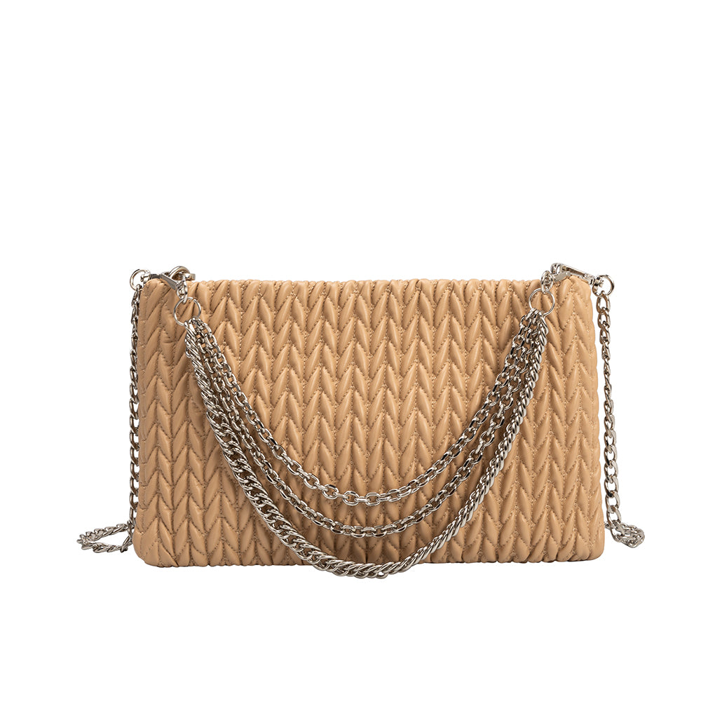 A small tan quilted pattern crossbody clutch with silver chain on front. 