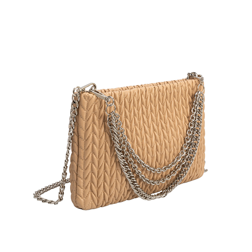 A small tan quilted pattern crossbody clutch with silver chain. 