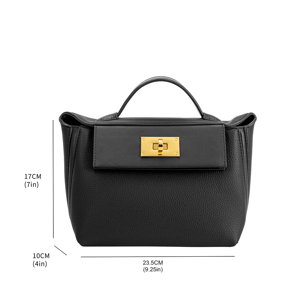 A measurement reference image for a medium vegan leather crossbody bag with gold hardware. 