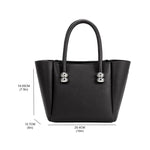 A measurement reference image for a recycled vegan leather top handle bag with silver bubble hardware. 