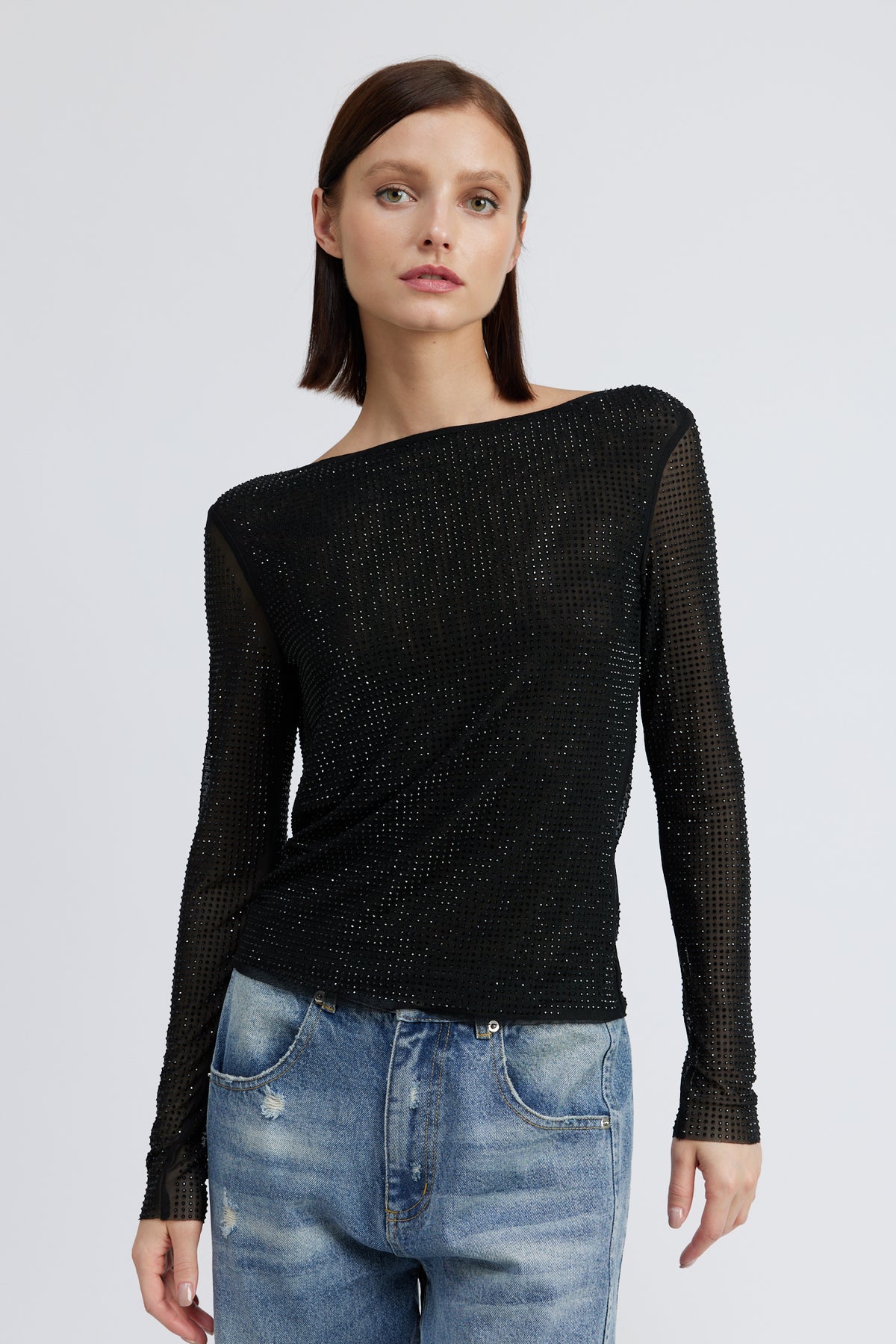 Rhinestone Deep Cowl Back Top