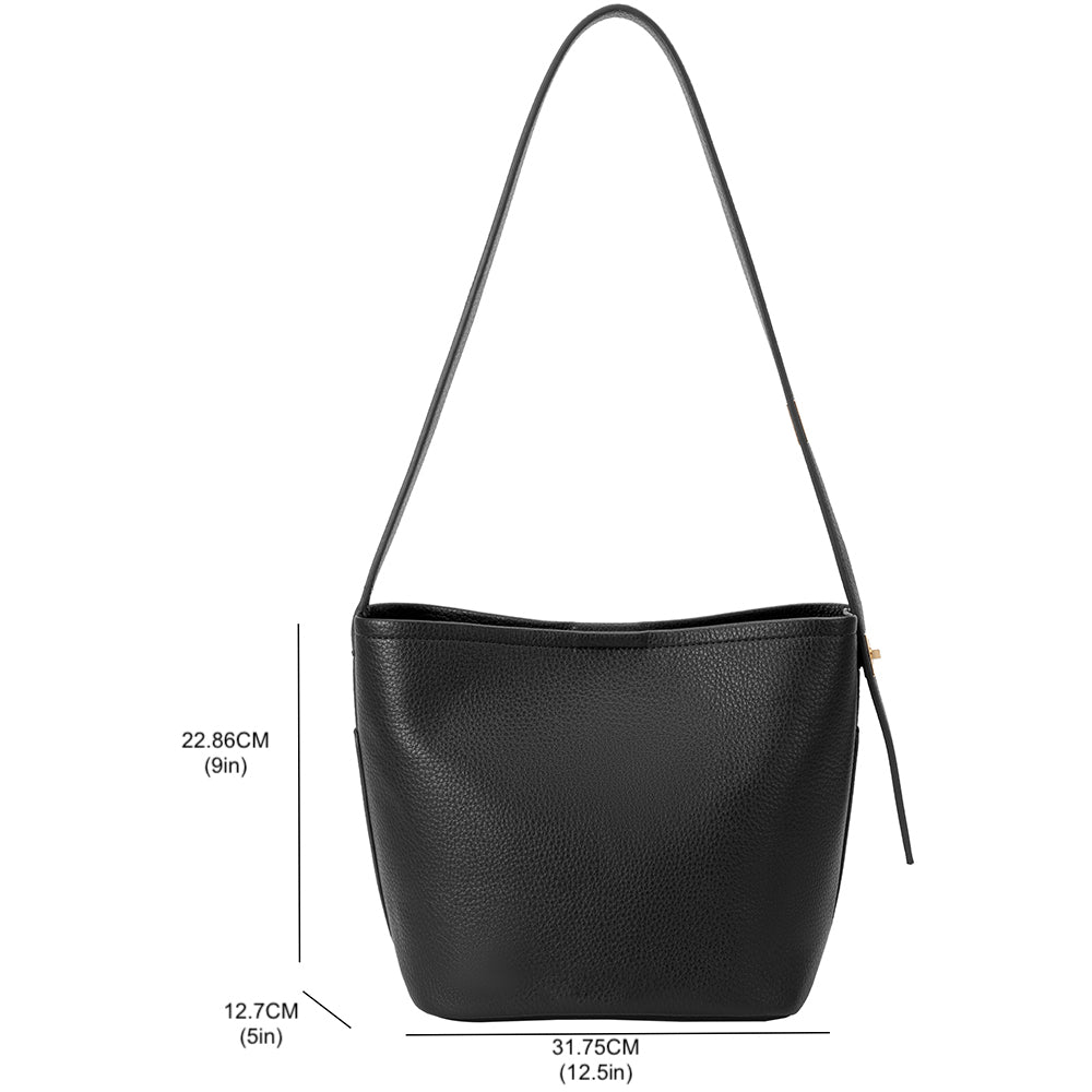 A measurement reference image for a recycled vegan leather shoulder bag with an adjustable strap. 