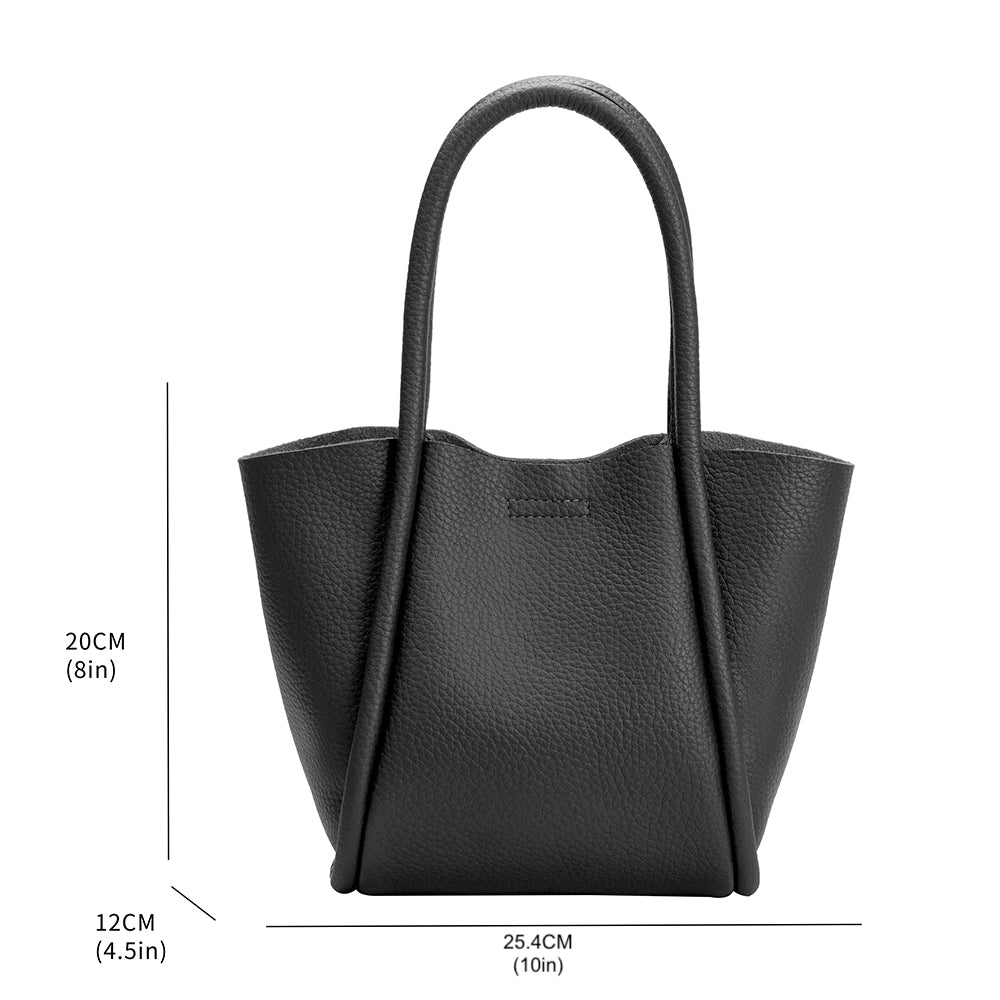 A measurement reference image for a small recycled vegan leather tote bag.