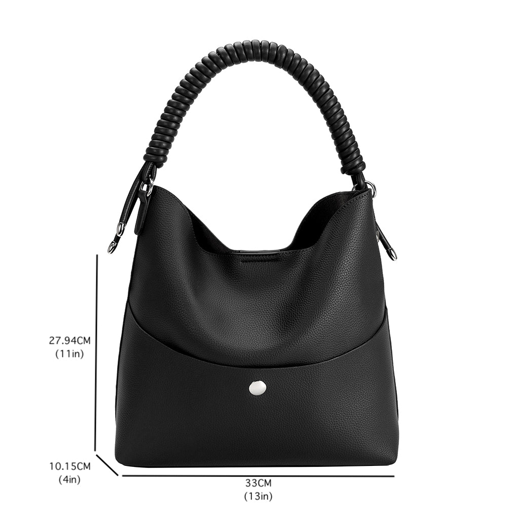 A measurement reference image for a pebble vegan leather tote bag with spiral handle. 