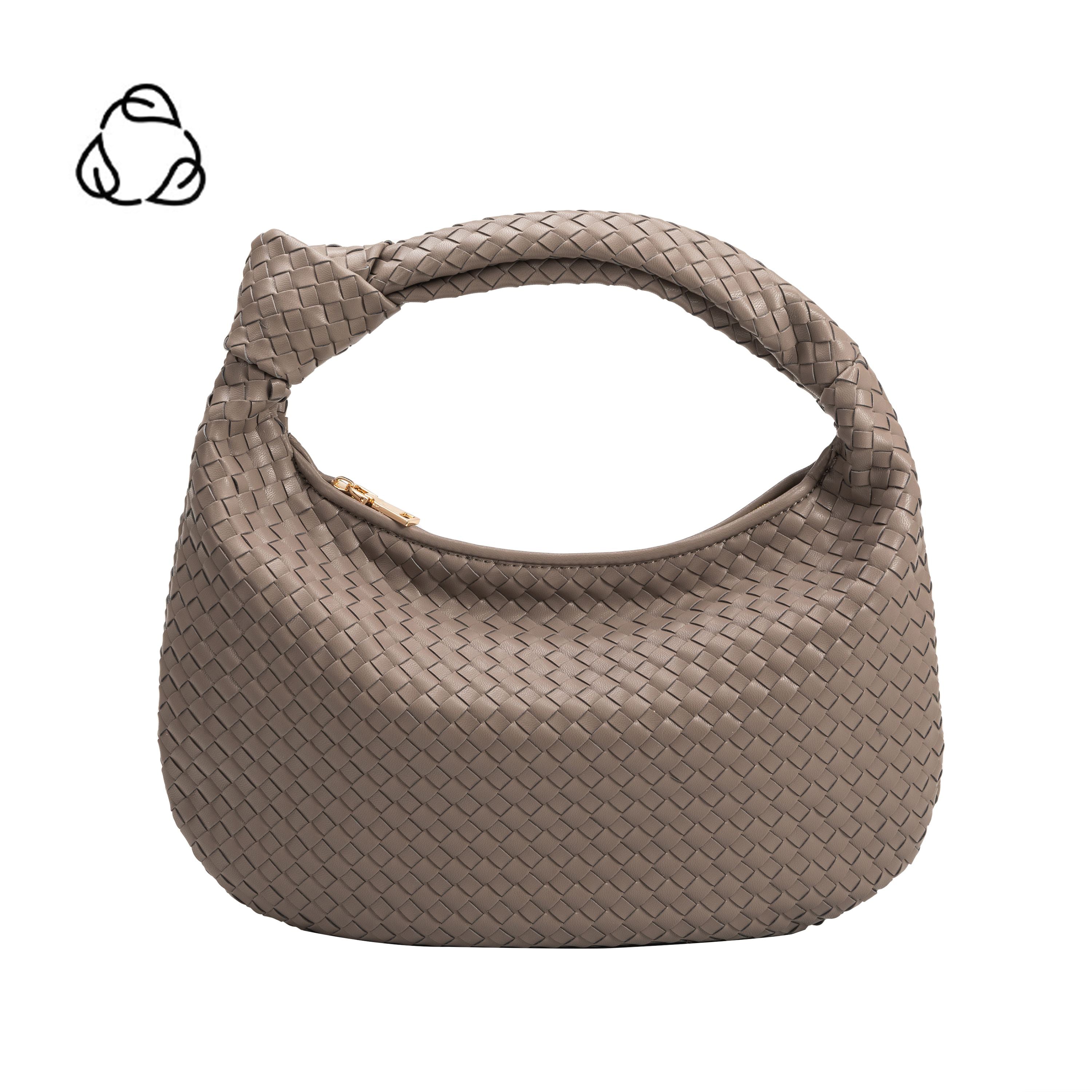 A stone recycled vegan leather shoulder bag with a knot. 