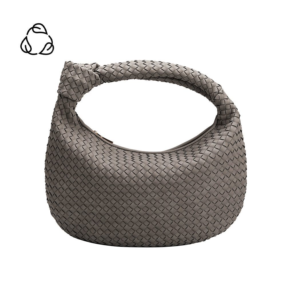 A strom suede recycled vegan leather shoulder bag with a knot. 